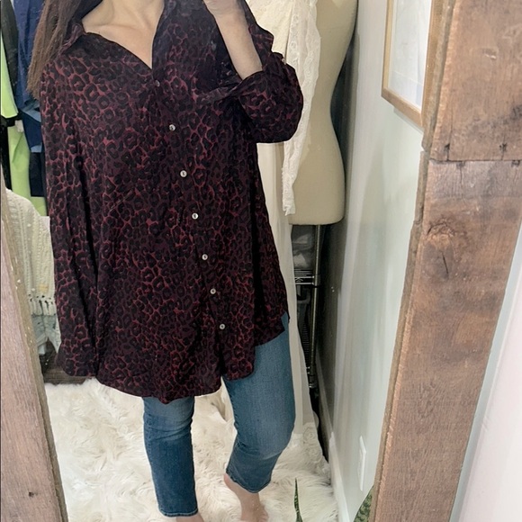 Intro burgundy & black leopard print Button Down Shirt size 1X - Picture 1 of 7